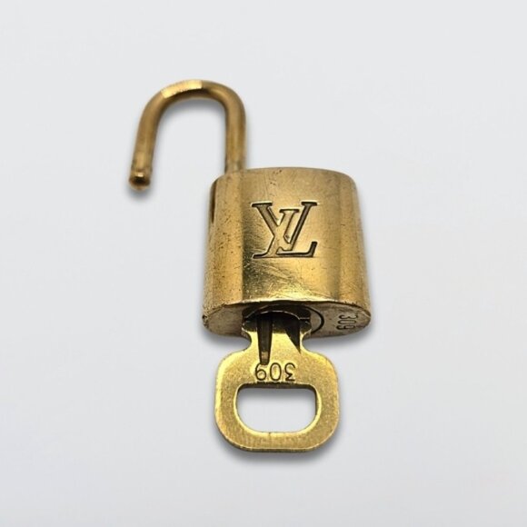 Louis Vuitton Lock & One Key Set Engraved LV Logo Polished Brass Finish - Picture 4 of 4